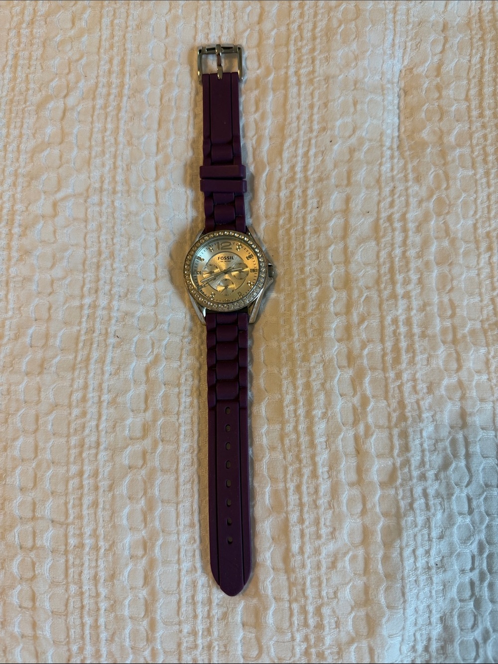 Fossil Silver Dial Watch with Purple Silicone Link Strap